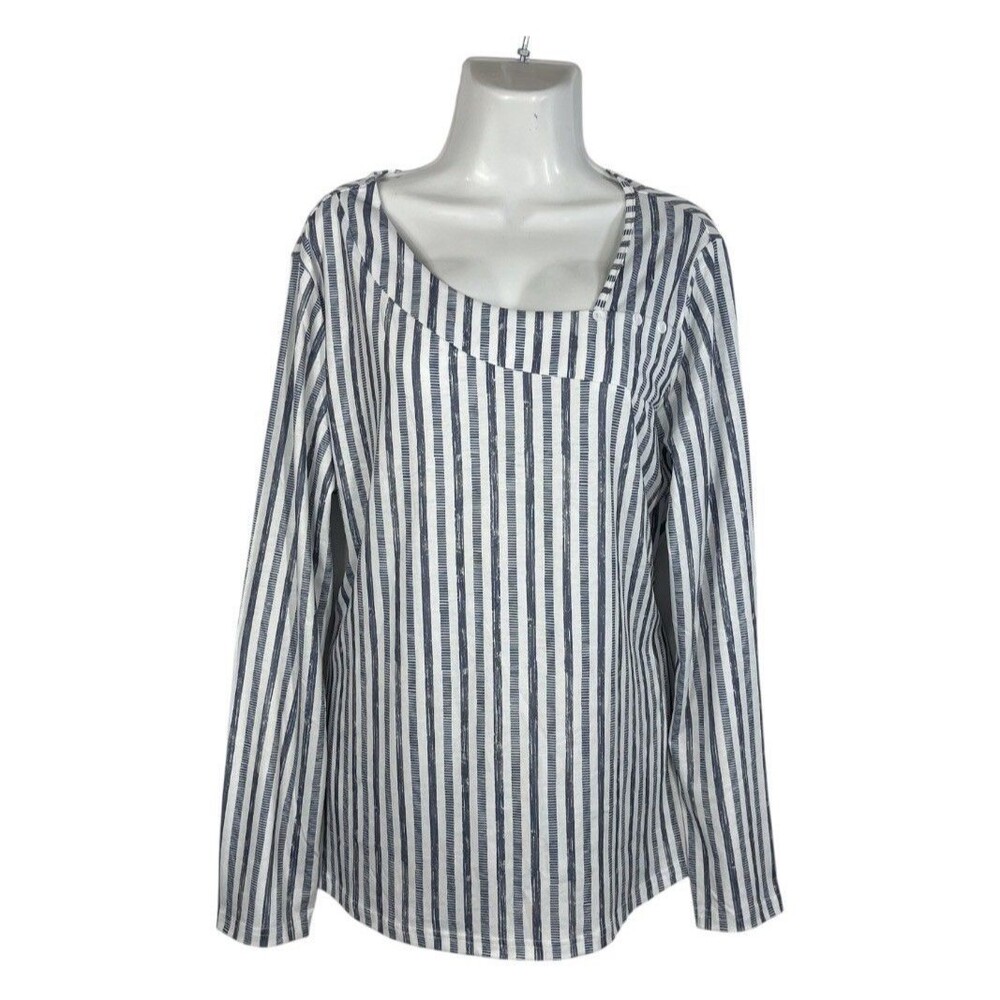 Ofeefan Women's XL Tunic Top Blue Striped Asymmetric Neck Long Sleeve Loose Fit